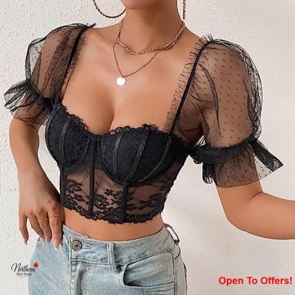 Floral Embroidered Puff Sleeve Corset Crop Top with Sweetheart Neckline - Picture 4 of 7